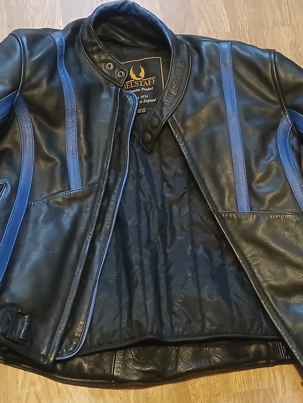 Belstaff Black Leather Jacket with Blue Trim Elbow Pads Size 42